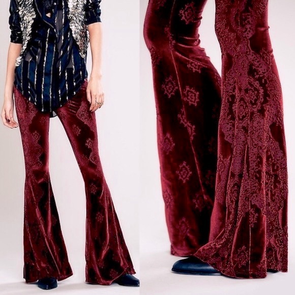 Free People Pants - Free People burgundy velvet burnout flare leggings